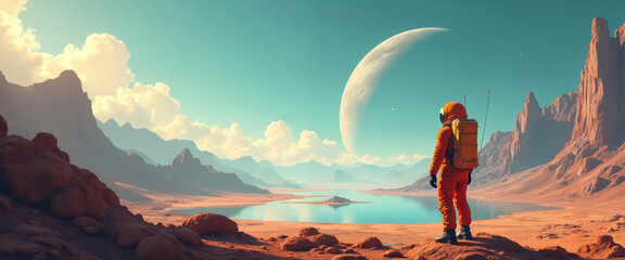 Poster - Cosmonaut explores distant planet with large moon against cosmic landscape. Astronaut in orange suit looks into distance in solitude, calmness. Science fiction scene. Expedition to planet of solar
