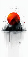 Canvas Print - Abstract red sun, mountain, forest art