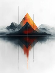 Wall Mural - Abstract mountain reflection fiery peak minimalist art