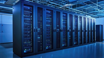 Aufkleber - Modern data center with illuminated server racks and advanced infrastructure, creating a high-tech environment. Ideal for cybersecurity, cloud computing, and IT solutions
