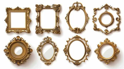 Elegant collection of ornate gold frames, each with unique details, displayed on a clean white background