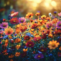 Sticker - Vibrant cosmos flowers bathed in sunset light