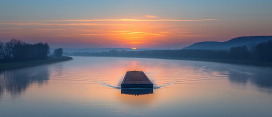 Wall Mural - a barge on the river at dawn its contours become c_003