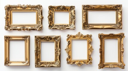 Elegant collection of ornate gold frames, each with unique details, displayed on a clean white background