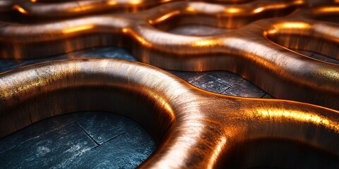 Poster - Intricate pattern of metallic curves illuminated by warm light in a textured environment