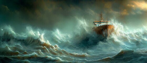 Wall Mural - A bulk carrier crossing a stormy sea waves rolling_010