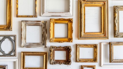 Elegant collection of ornate gold frames, each with unique details, displayed on a clean white background