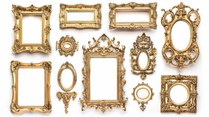 Elegant collection of ornate gold frames, each with unique details, displayed on a clean white background