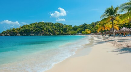 Wall Mural - Tropical beach with white sand, palm trees, turquoise water and blue sky inviting tourists to relax