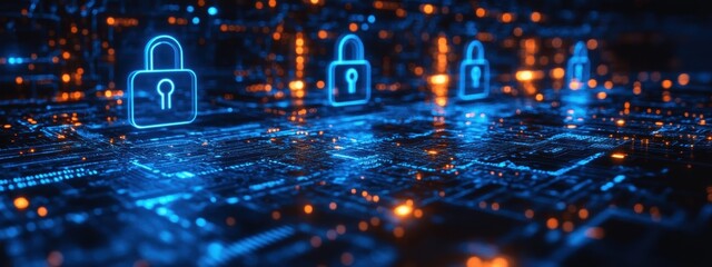 Aufkleber - Padlocks protecting futuristic glowing microchip circuit board