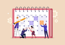 Business Planning Concept. Vector cartoon illustration of a group of diverse people in business outfits making notes on a calendar with tasks. Isolated on background.