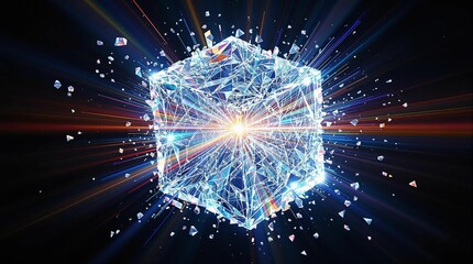 Aufkleber - A radiant, luminous, crystal-like object emitting a radiant beam of light against a dark, blurred background. The object is illuminated with a mix of blue, white, and red hues, creating a visually cap