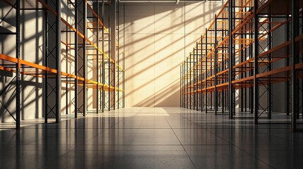 Poster - A large warehouse with a long, narrow corridor lined with metal shelving units, illuminated by a series of beams of light streaming in from the ceiling, casting a warm, golden hue across the scene. Th