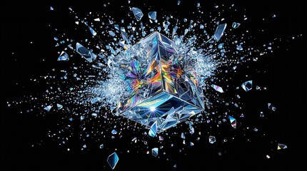 Aufkleber - A vivid, crystalline structure that appears to be in the midst of a burst, set against a stark black background. The crystalline is illuminated with a myriad of colors, ranging from deep blues and pur