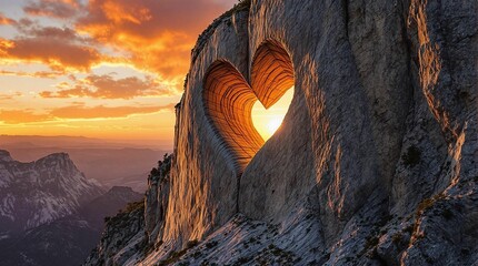 Poster - A breathtaking sunset over a mountain range, with a large rock formation in the foreground featuring a heart-shaped hole. The sky is painted with hues of orange, pink, and purple, while the mountains 