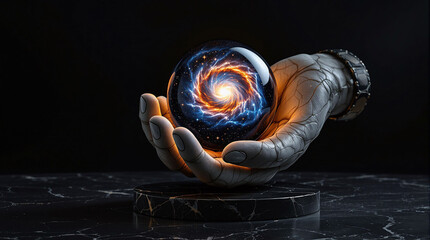 Aufkleber - A hand holding a cosmic object against a dark background, with a marble surface beneath it.