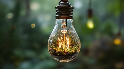 Fototapete - A light bulb suspended in the air, with a blurred background suggesting a garden setting. The bulb is illuminated, illuminating the surrounding area with a warm, inviting glow.