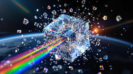 Aufkleber - A vivid, high-resolution digital artwork depicting a radiant, crystalline object in the foreground with a radiant rainbow emanating from it, set against a backdrop of a starry night sky. The object ap