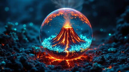Aufkleber - A vivid, ethereal depiction of a volcanic eruption encased within a transparent bubble, set against a dark, blurred background. The eruption is depicted with swirling lava and molten rock, creating a 