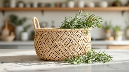 Poster - A basket filled with fresh rosemary sprigs placed on a marble surface, with a blurred background suggesting a domestic setting.