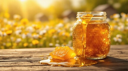 Aufkleber - A jar of honey with a piece of honeycomb on a wooden surface, set against a blurred background of flowers and a house. The honey is a golden-yellow hue, and the wooden surface it rests upon has a weat