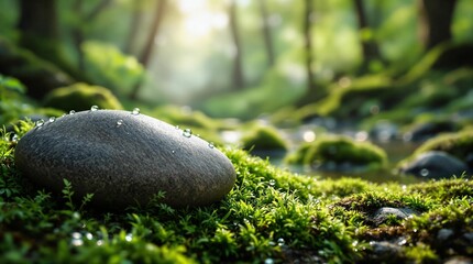 Aufkleber - A moss-covered rock in the forest, with water droplets glistening on its surface. The moss is a vibrant green, and the background is blurred, emphasizing the rock as the main subject.