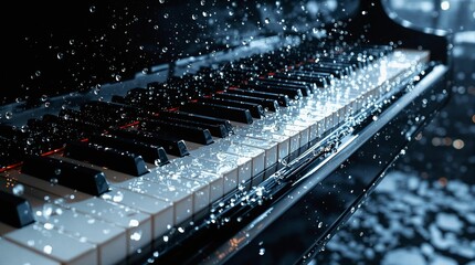 Poster - A close up of a piano keyboard with water droplets on it, set against a blurred background.