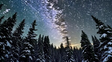 Wall Mural - A serene winter night unfolds in a snowy forest. Tall evergreen trees are covered in fresh snow, while a blanket of stars lights up the sky. A gentle glow appears on the horizon.