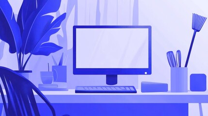 Poster - Stylish minimalist office workspace with computer, plants, and supplies
