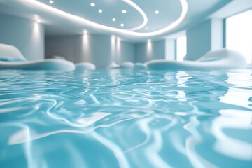 Poster - Clear blue water surface reflecting modern wellness center interior