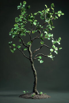 Stylized Tree with Delicate Branches and Green Leaves – 3D Rendered Nature Asset