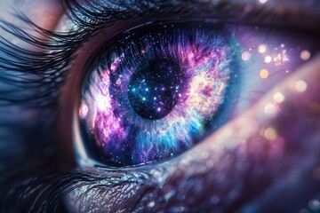 Wall Mural - celestial eye macro photography, swirling cosmic nebula reflected in human iris, with stardust and ethereal purple-blue galaxies, hyperrealistic detail