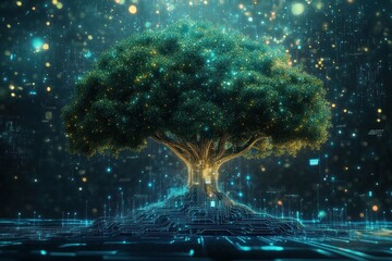 Poster - A vibrant digital tree symbolizing growth and technology, set against a backdrop of glowing data streams and futuristic elements