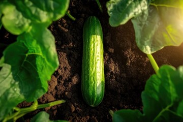 Wall Mural - Vibrant cucumber in sunlit vegetable garden surrounded by leafy greens