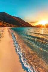 Wall Mural - Serene sunset over tropical beach with golden sands and vibrant waters