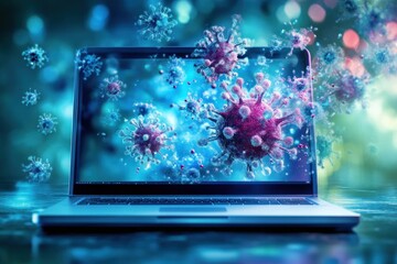 Poster - A laptop displaying a vivid digital representation of viruses, set against a blurred, colorful background, illustrating technology and health