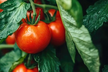 Wall Mural - Fresh red tomatoes on vine with lush green leaves in garden