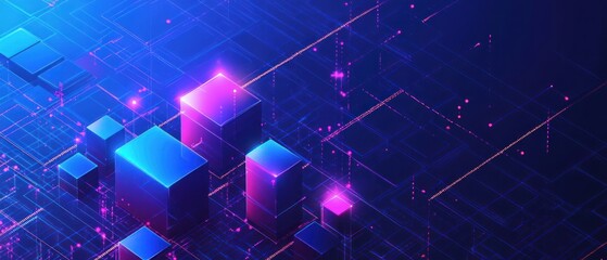 Poster - abstract digital landscape featuring glowing cubes and vibrant lines against a deep blue background,