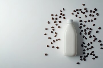 A pristine white cosmetic container on a white backdrop spills its white contents alongside coffee beans