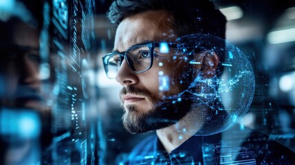 Poster - Focused man analyzing digital data in a tech setting
