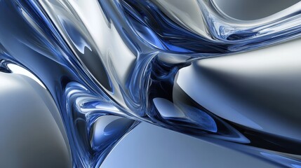 Fototapete - Abstract Fluid Design Artwork Featuring Swirls of Blue and Silver Hues with Glossy Surface and Smooth Curves in Modern Art Style