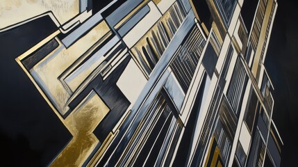 Fototapete - Abstract modern art composition featuring intersecting lines and shapes in gold black and gray tones representing contemporary creativity and style