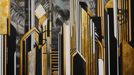 Fototapete - Abstract geometric cityscape with golden accents and bold black and white lines, representing modern urban art and architectural designs.