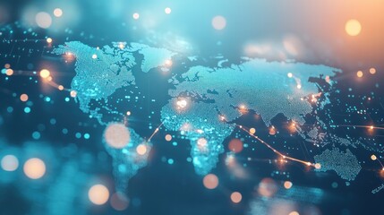 Poster - A digital world map illuminated with glowing connections, representing global communication and technology advancements