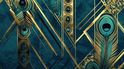 Fototapete - Elegant and Vibrant Peacock Feather Pattern with Geometric Gold Accents on a Rich Teal Background for Artistic and Decorative Use
