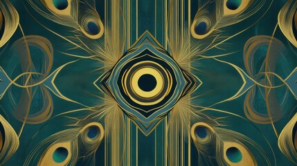 Fototapete - Abstract design featuring intricate patterns with peacock feathers, vivid colors, geometric shapes, and a harmonious balance of lines and curves.