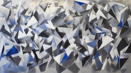 Fototapete - Abstract geometric composition with sharp triangles in shades of gray and blue, showcasing dynamic movement and modern artistic style