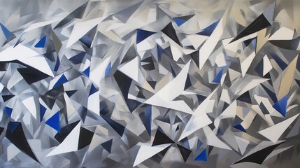 Fototapete - Abstract geometric composition in shades of gray, black, white, and blue showcasing dynamic angular shapes and patterns in modern artwork