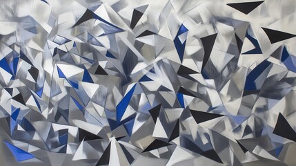 Fototapete - Abstract geometric artwork featuring sharp angles and a dynamic interplay of blue, black, and silver tones, creating a sense of movement and depth.