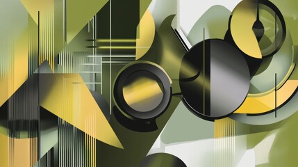 Fototapete - Abstract geometric artwork featuring vibrant greens, yellows, and blacks with circular and angular shapes creating a modern design